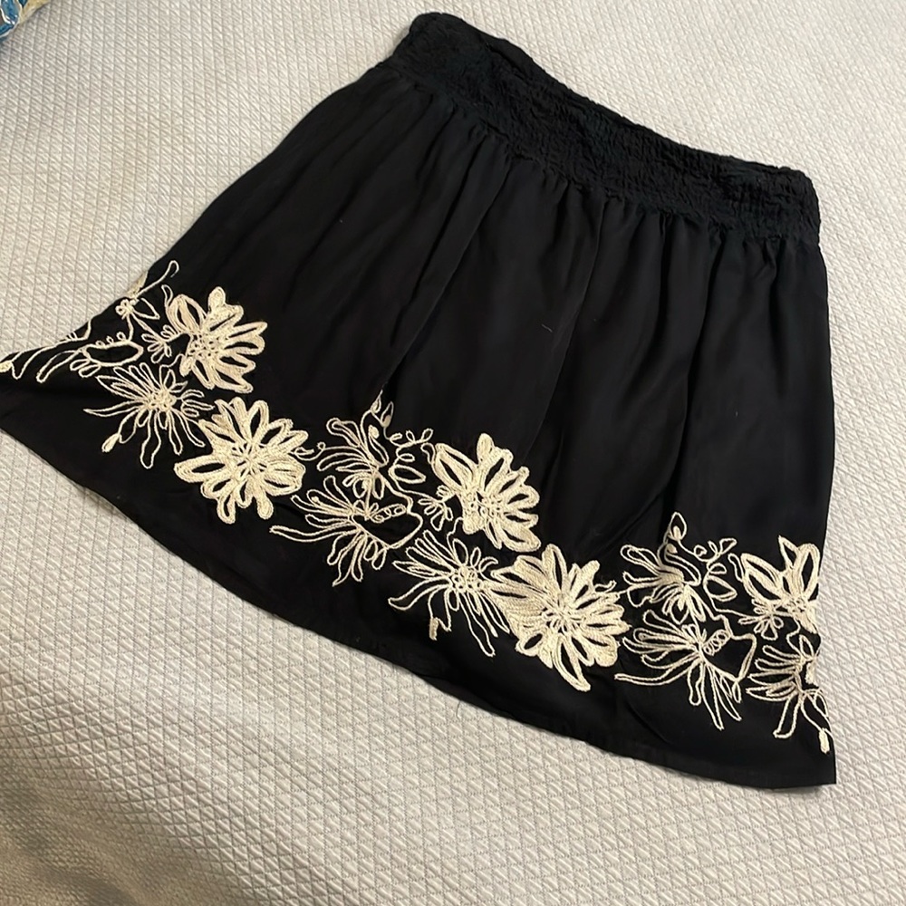Biographie Vintage Skirt from 70’s, Black 100% Cotton With Cream Embroidery